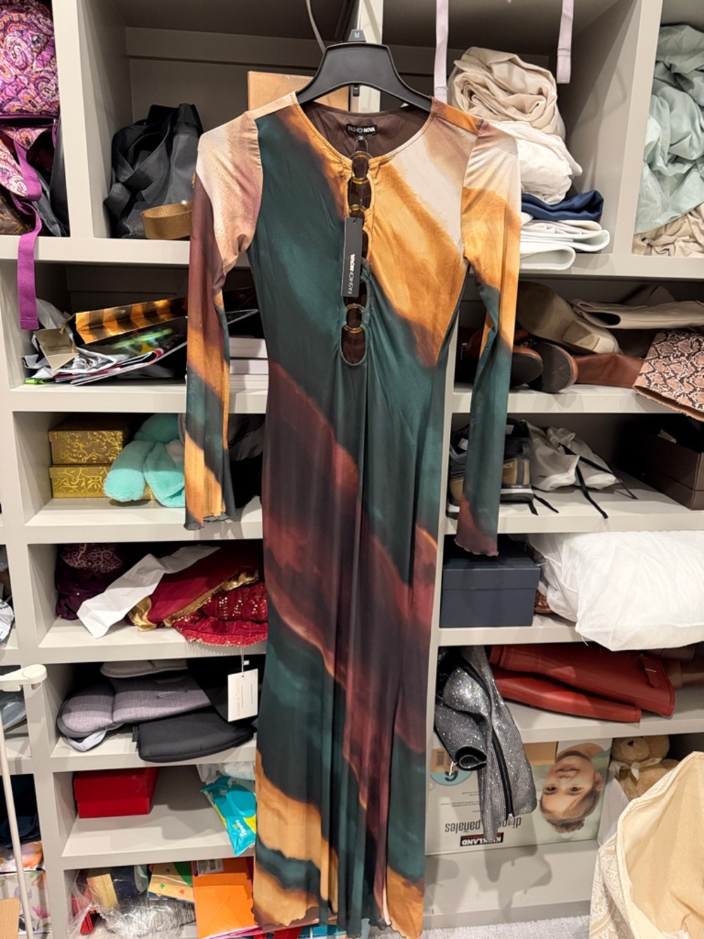 Tocca Multicolor Abstract Maxi Dress — Green, Brown & Gold Tones
